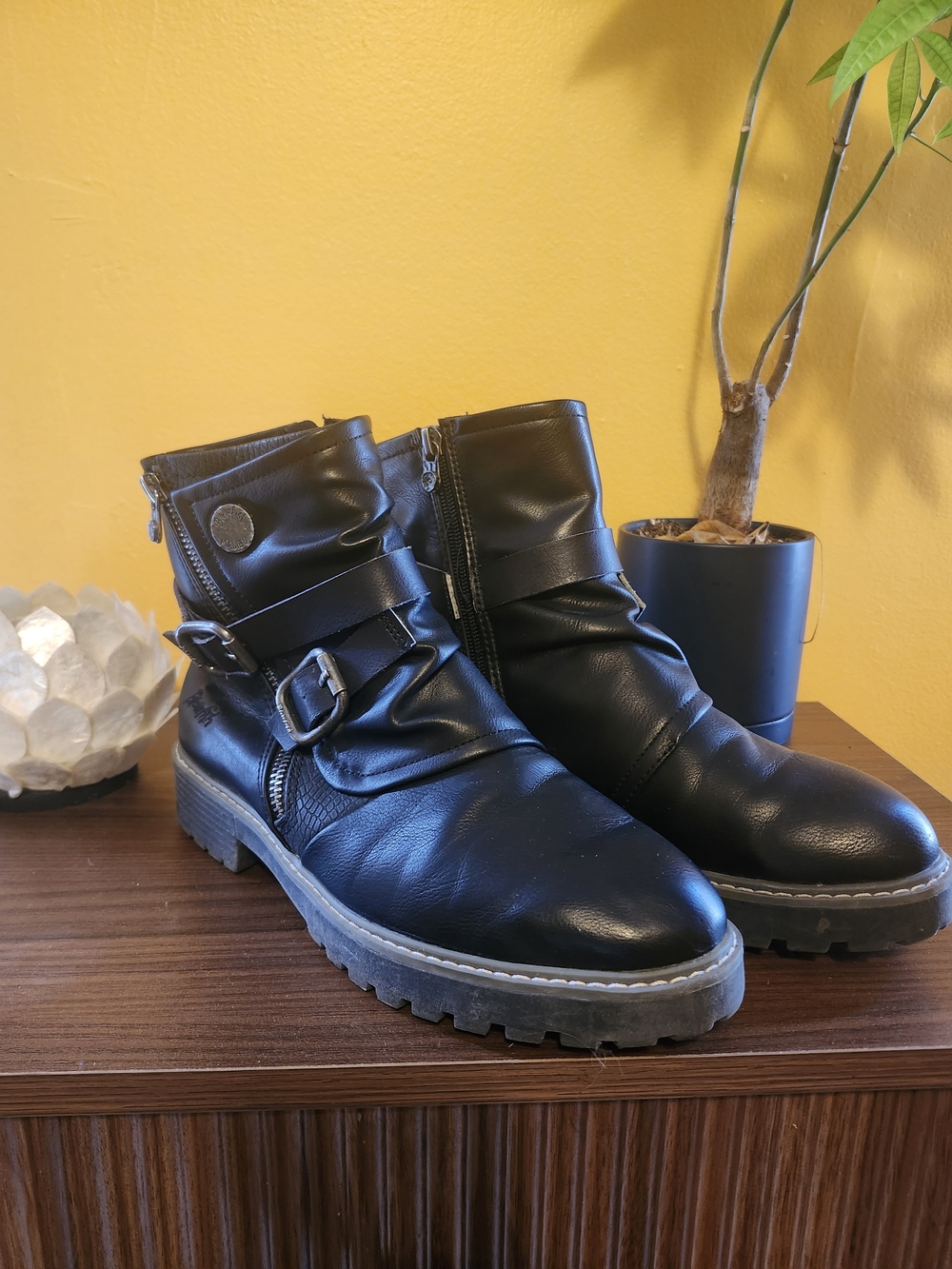 Black Buckle Strap Ankle Booties with Side Zip